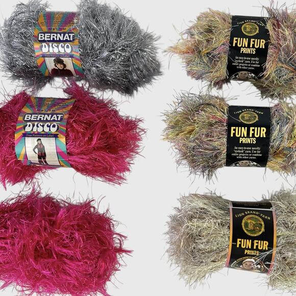 Yarn Mixed Lot 5 Skeins 1 Partial Variety Styles Bernat Disco Lion Fun Fur - Picture 1 of 12
